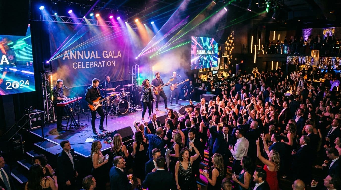 A live band performing on a lit stage at an annual gala celebration