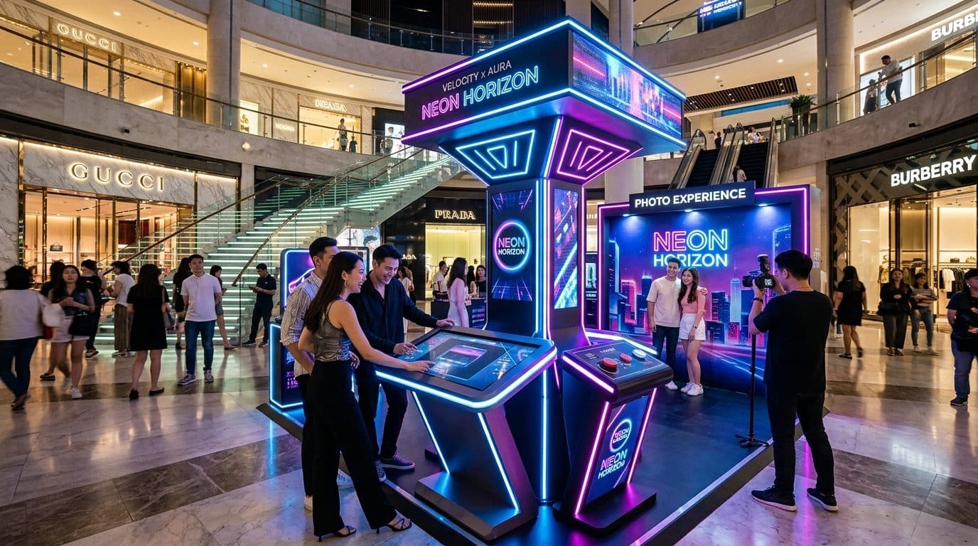 Shoppers trying an interactive neon-lit brand activation kiosk in a mall atrium