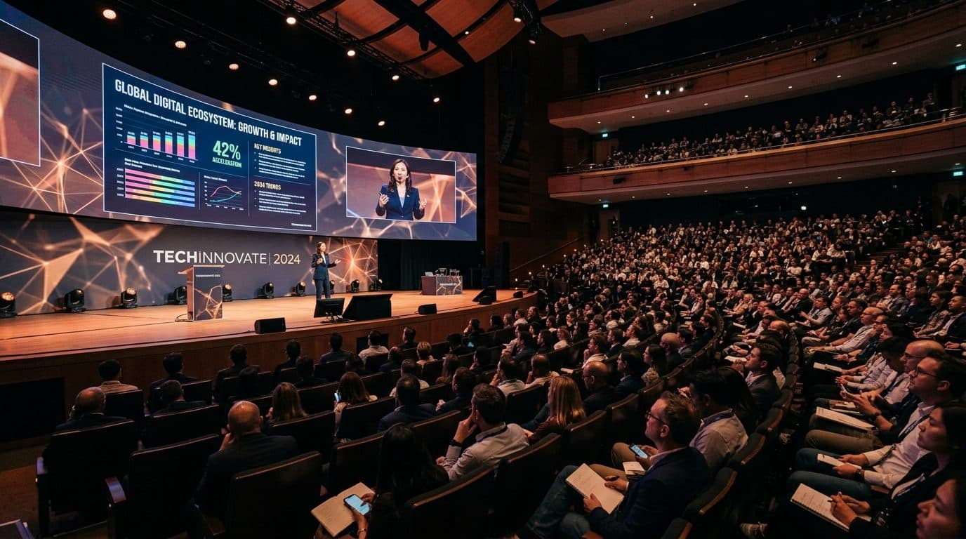 A speaker presenting data slides to a filled auditorium at a technology conference