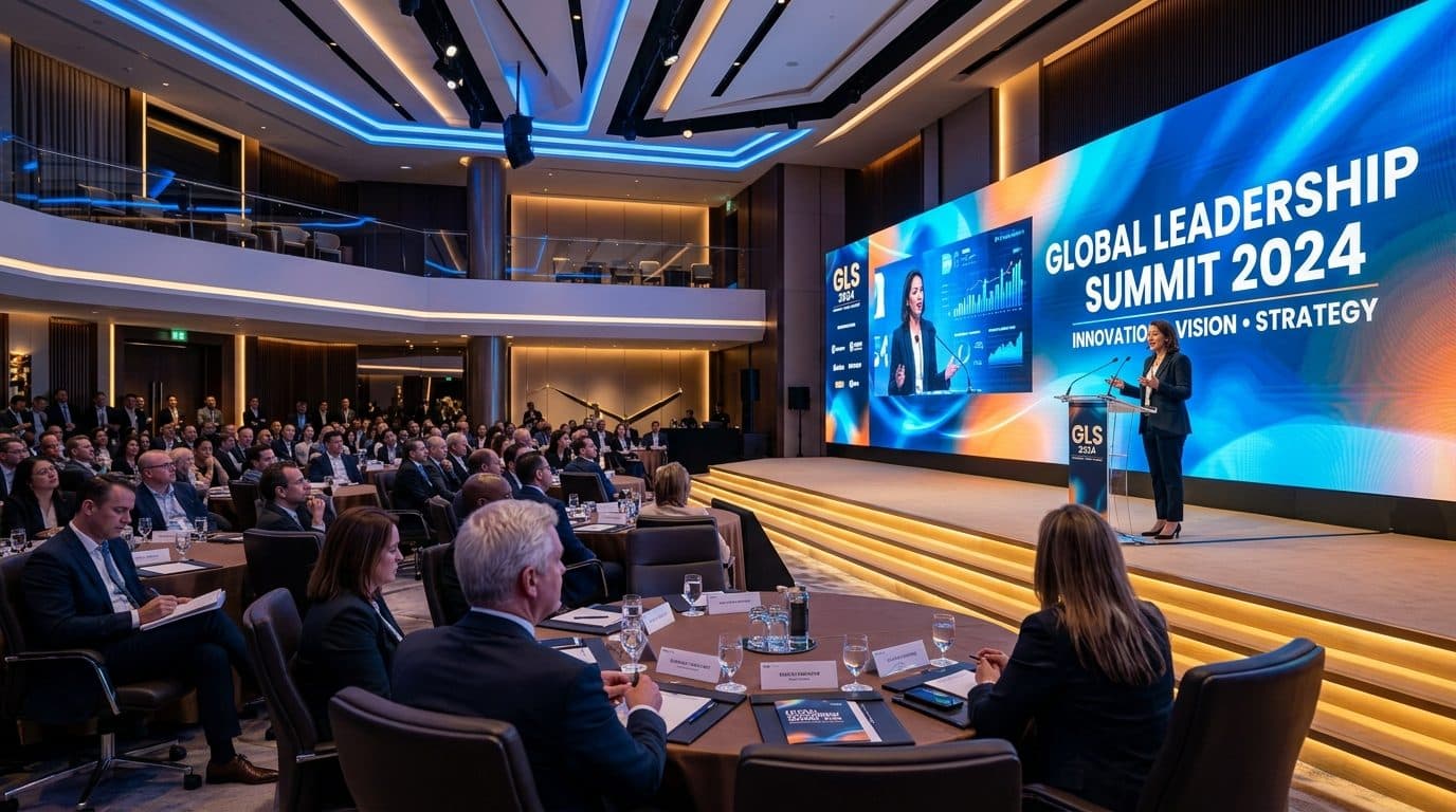 Delegates seated at round tables facing a widescreen leadership-summit stage in a corporate ballroom
