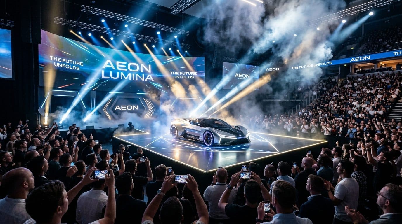 A new car revealed on a spotlit platform as the audience films the launch moment